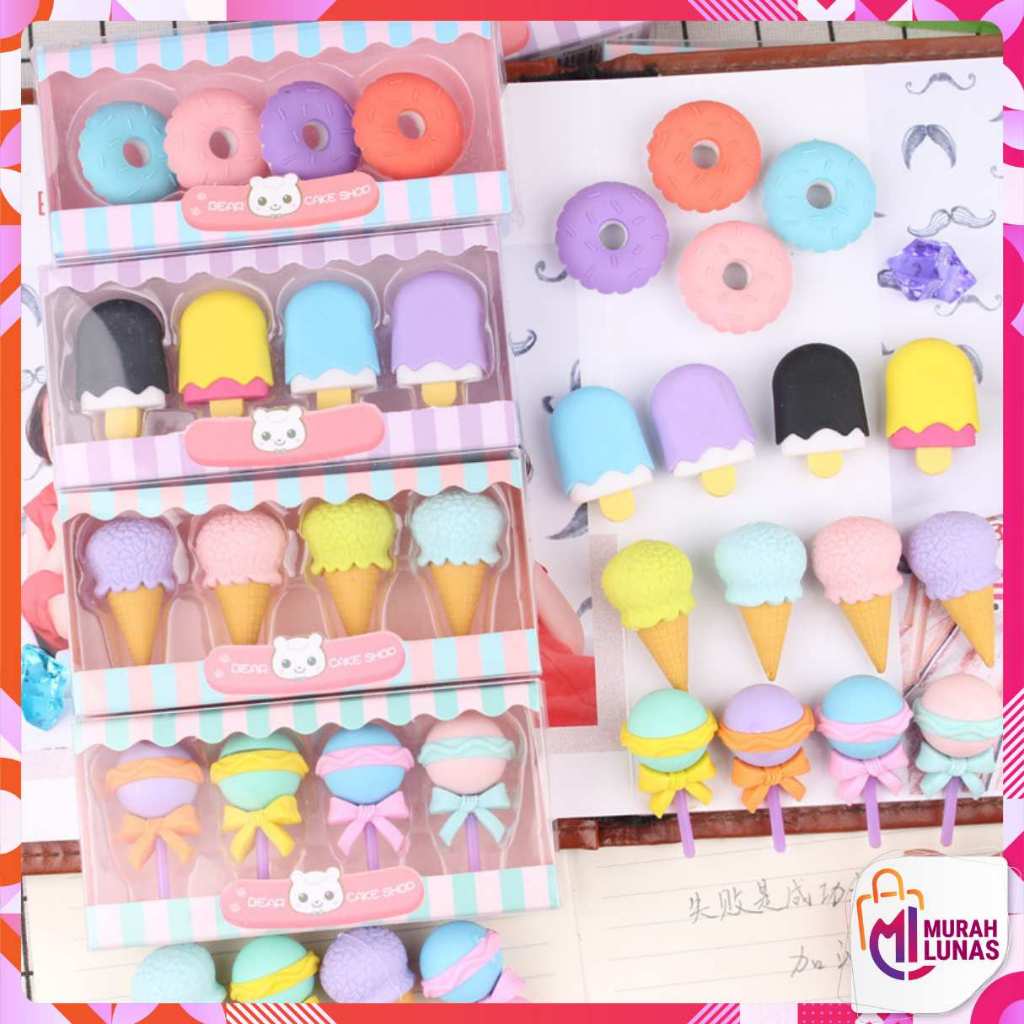 

MUNAS penghapus 4 pcs/set penghapus lucu bentuk es krim penghapus lolipop donat penghapus pensil karakter sweet pengahapus anak sekolah karakter penghapus lucu