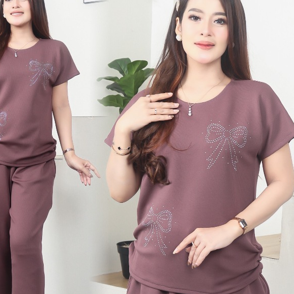 Al Arsy Fashion Setelan Wanita Knit Premium - One Set Knit Rib - Baju Set Celana Warna Taro Outfit