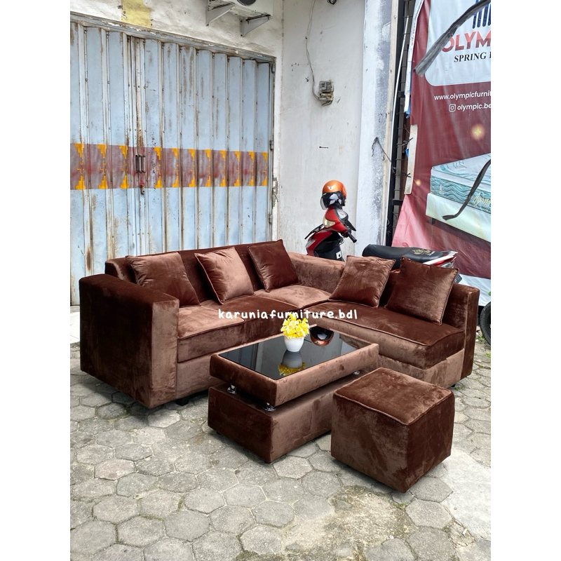 SOFA SEATER L PUTUS MINIMALIS + PUFF | BISA PILIH WARNA & BAHAN | FREE ONGKIR BANDAR LAMPUNG