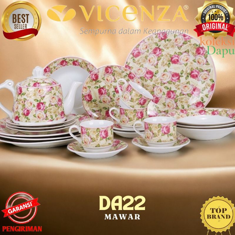 Set Piring VICENZA Da22 Mawar Perlengkapan makan dari 4 Piring besar 4 Piring sedang dan 4 piring ke