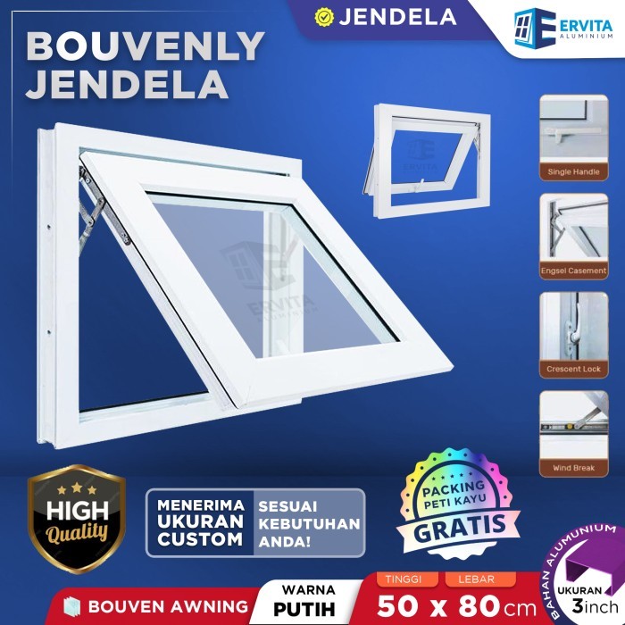 Kusen Jendela  Aluminium - Bouvenly Awning - Ukuran 50 x 80 cm - Putih
