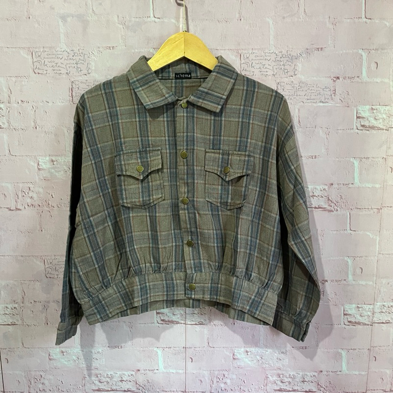 jacket crop wanita pakaian wanita jacket motif kotak crop jacket kerah wanita