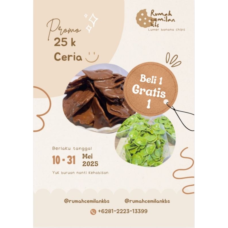 

PAKET HEMAT ( Beli 1 Gratis 1 ) Kripik Pisang Lumer Coklat Strawberry, vanila, greentea kemasan 500gr beli satu gratis satu