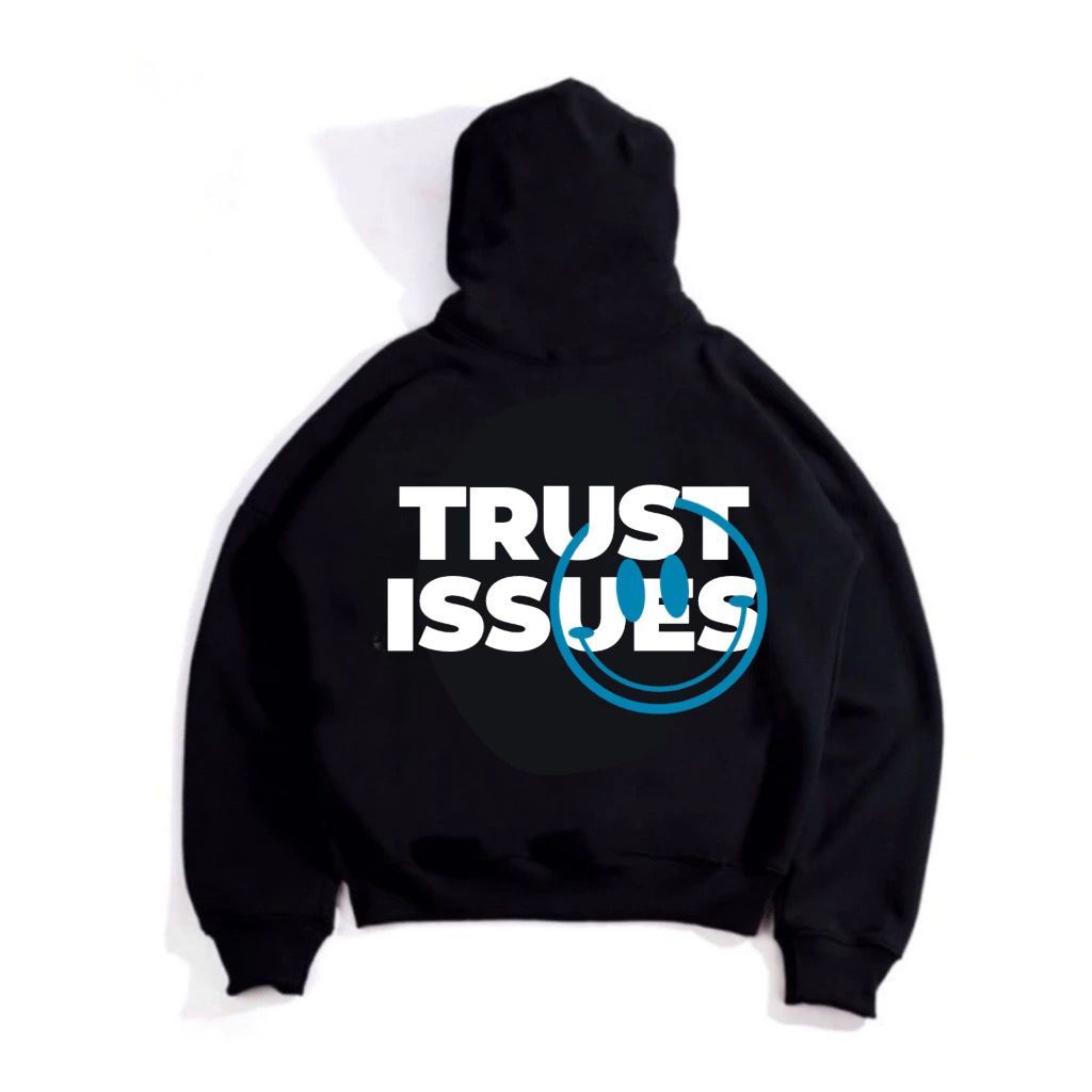 Jaket Sweater Hoodie Boxy Oversize Unisex Trust Issue Hitam Distro Keren - Pria Wanita Tebal M -XXL