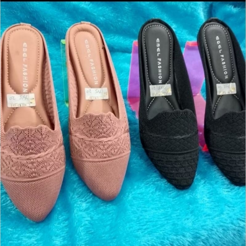 Sandal Tutup Flat Ebel/Sandal Fashion Bahan Rajut Anti Slip
