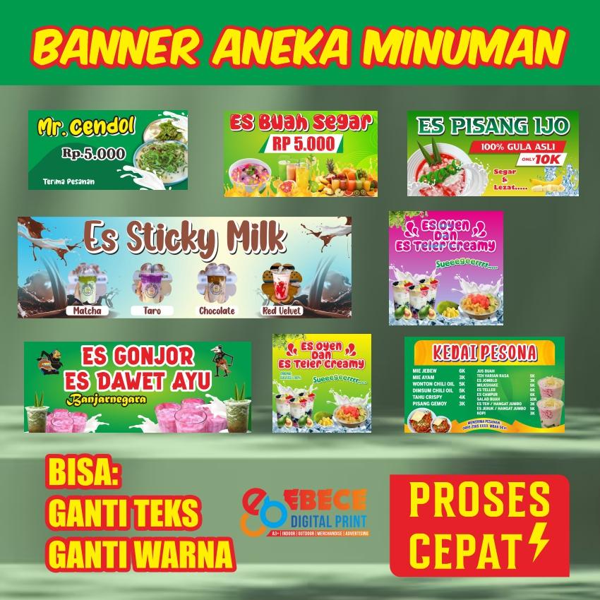 Spanduk Banner Aneka Minuman / Banner Es Teh / Spanduk Es Pisang Ijo / Jus - dll / Free Desain