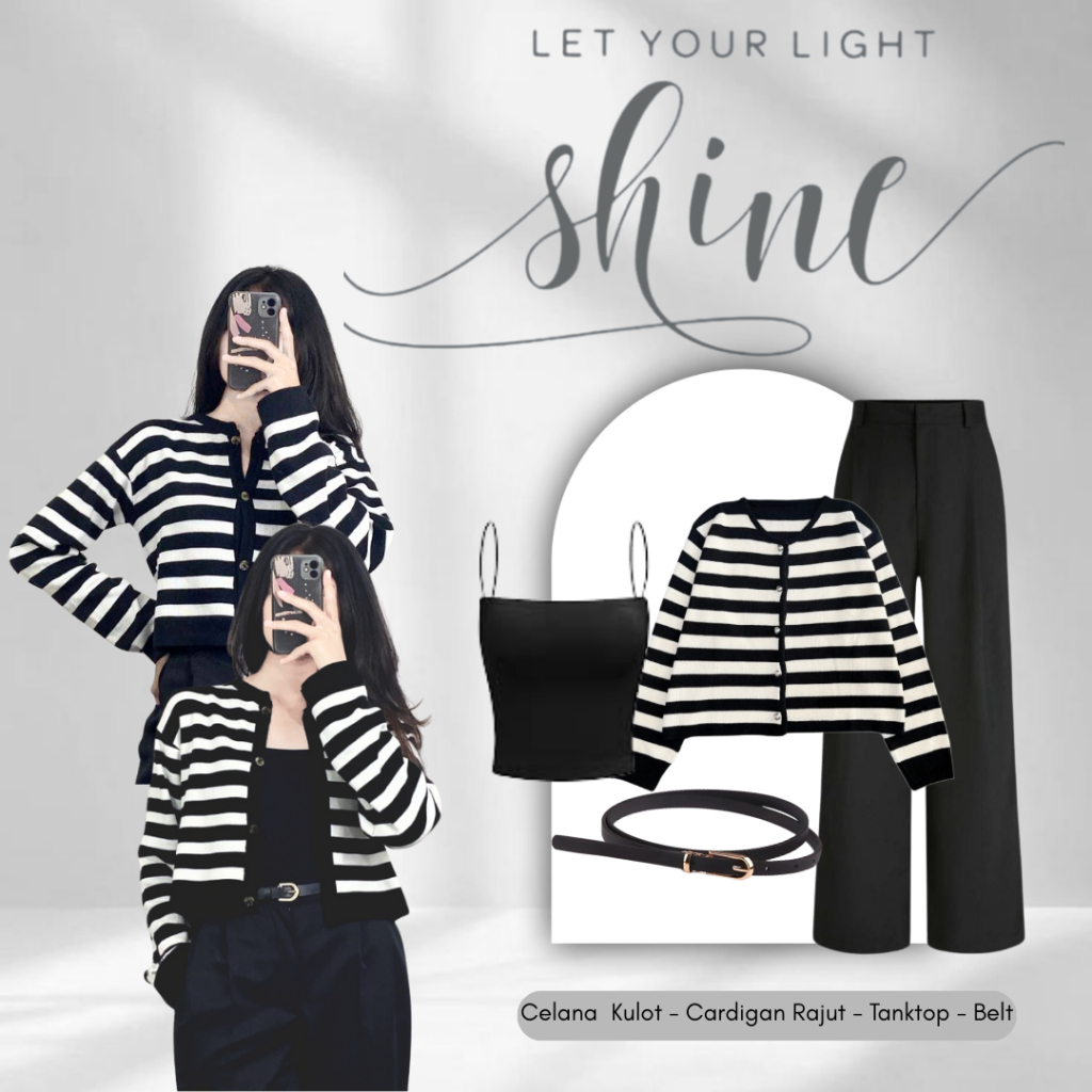 Outfit Cewek 1 Set 4in1{Cardigan Rajut Hitam + Kulot Knit Hitam + Tanktop Spandex Hitam} UW34