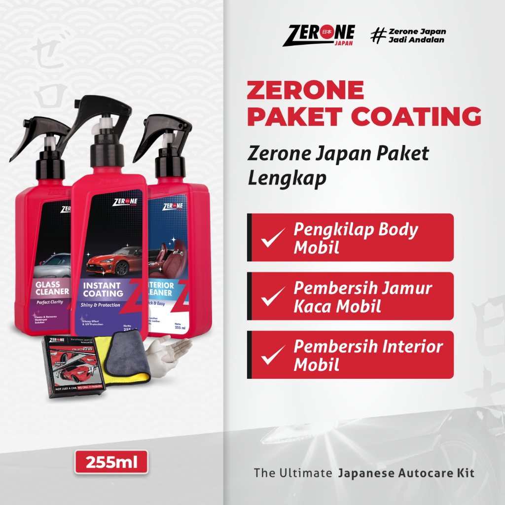 Zerone Japan Paket Coating Kit Pengkilap Body Pembersih Interior Penghilang Jamur Kaca Mobil