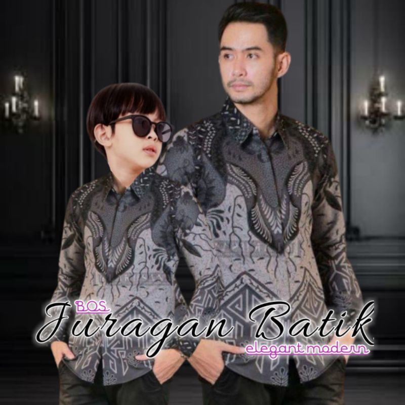 Batik Warna Abu - abu | Batik Couple Ayah Dan Anak Laki-laki Lengan Panjang - Batik Anak Laki Cowok