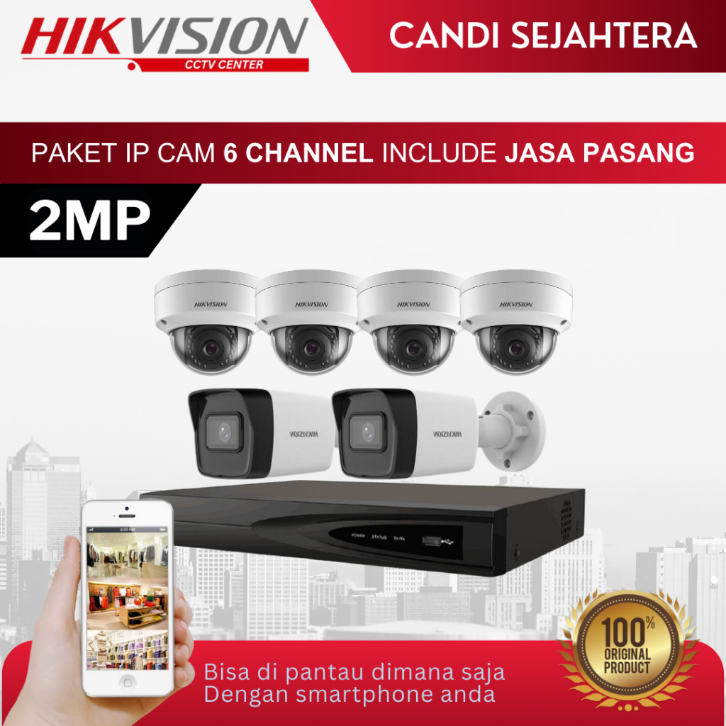 PAKET CCTV IP CAM HIKVISION 2MP 6 KAMERA + INSTALASI & ONLINE DI HP