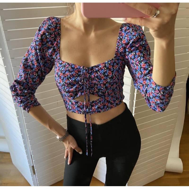Croptop Baju Pantai Wanita Motif Floral Bunga ZARA