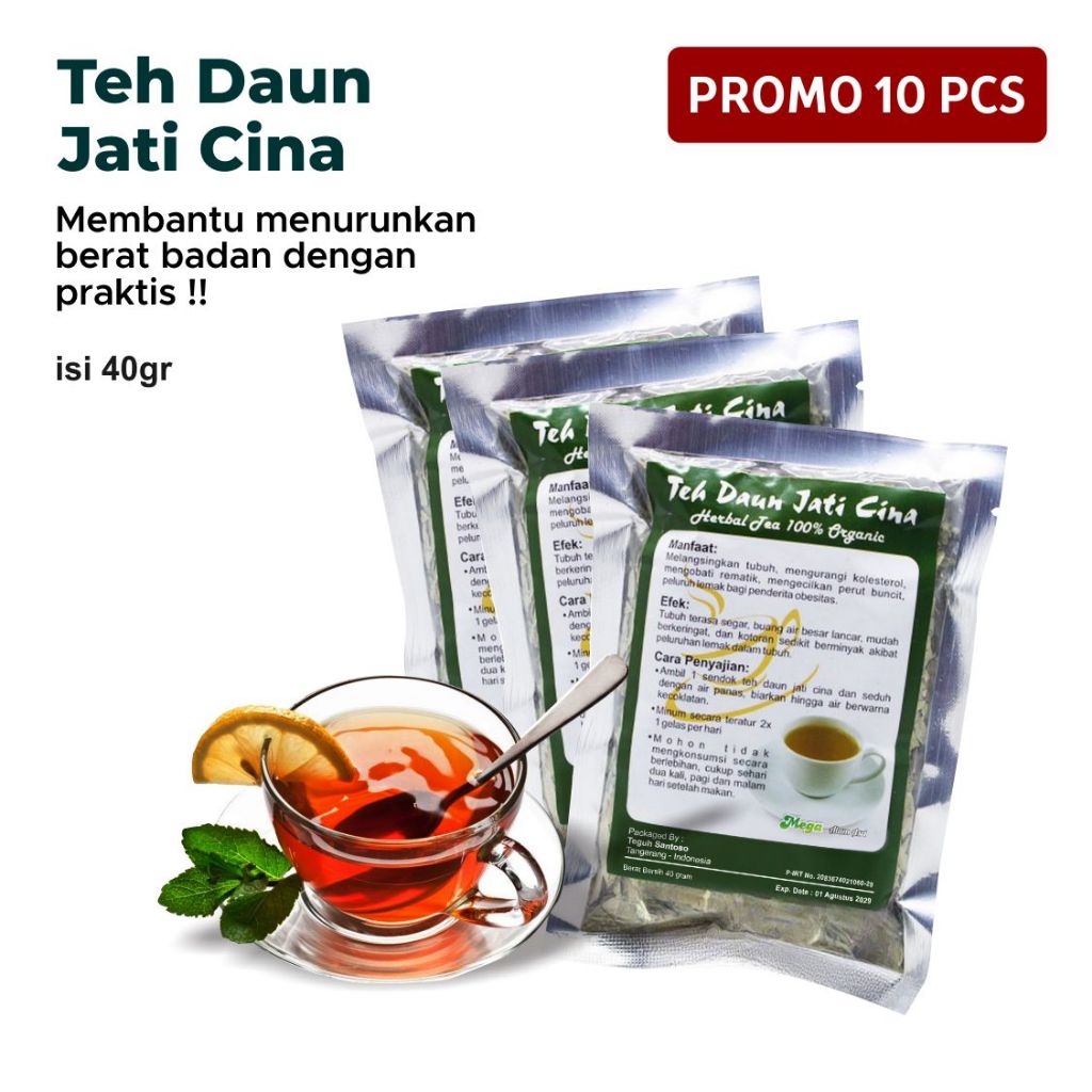 

Paket 10 Pcs Teh Daun Jati Cina Herbal Alami Teh Pelangsing Penurun Berat Badan isi 40g