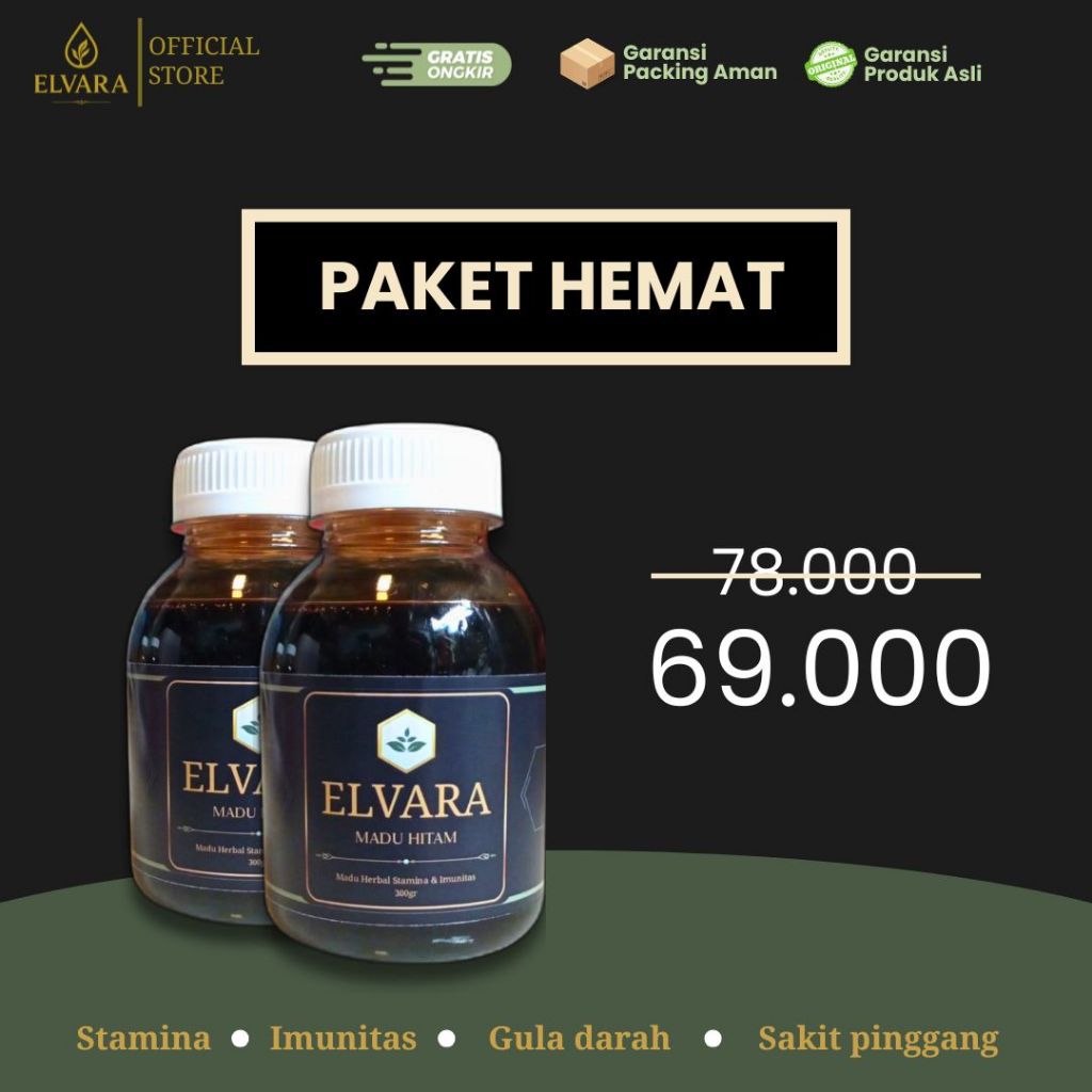 

[PROMO PAKET HEMAT] 2 pcs Madu Hitam Pahit Elvara 300gr | Madu Murni | Daun Bidara | Habbatussauda