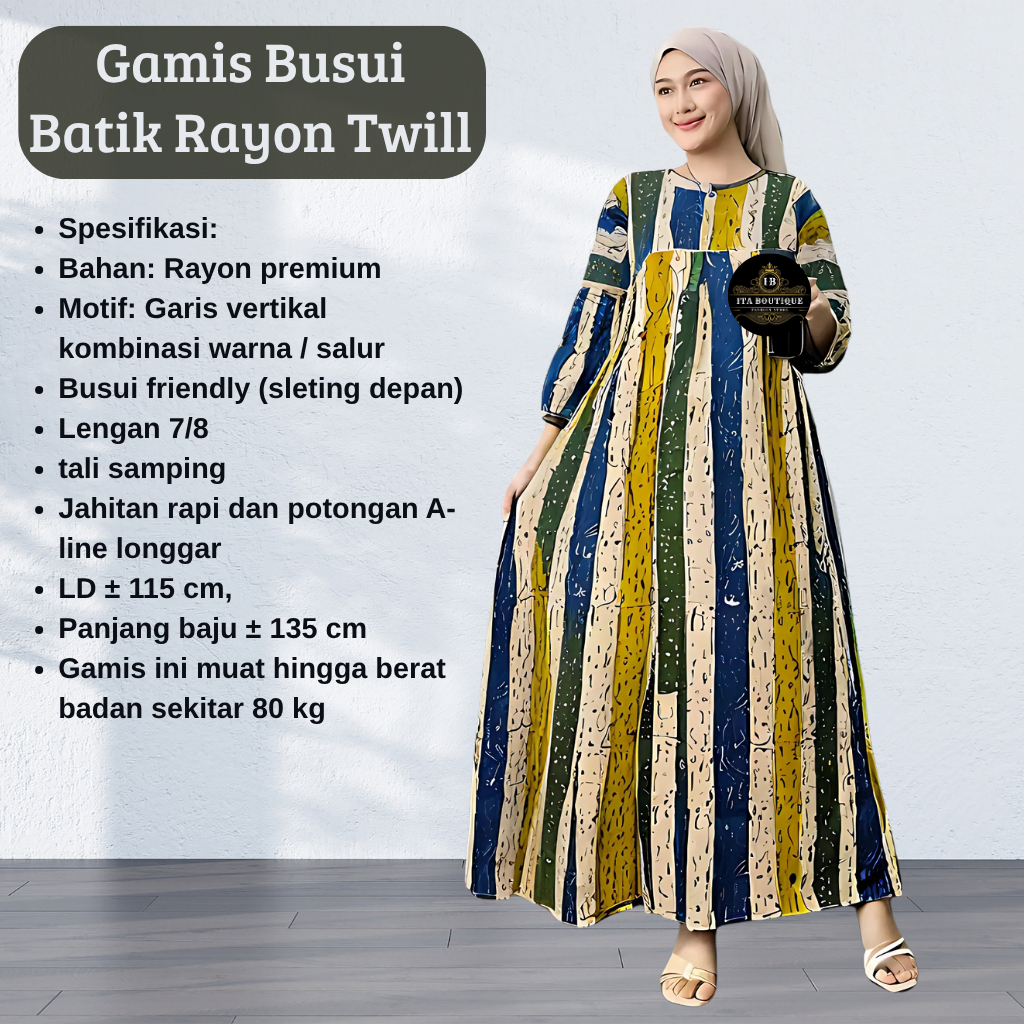 Gamis Batik Rayon Twill Motif Garis Kombinasi Warna Busui Friendly Lengan 7/8 Muat BB 80 Kg
