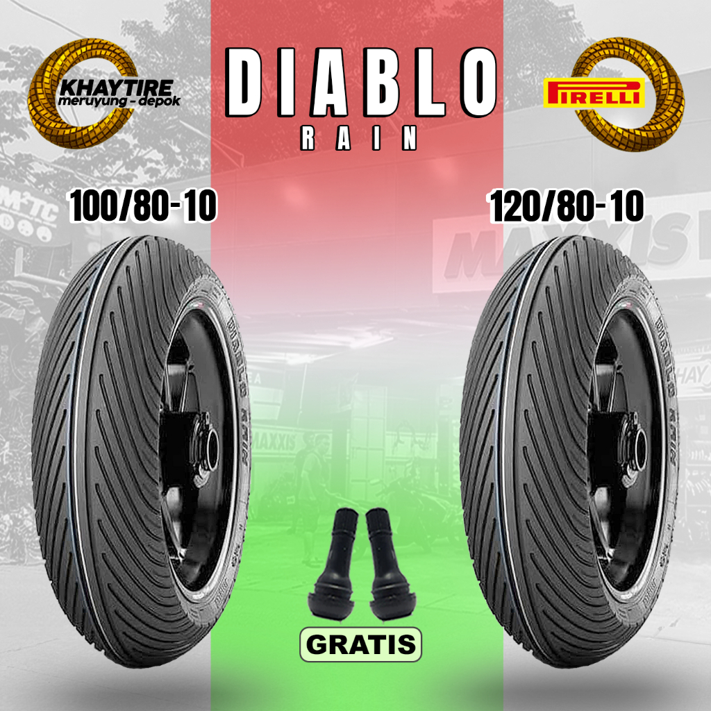 Sepasang Ban Motor PIRELLI DIABLO RAIN 100/80 120/80 Ring 10 Tubeless