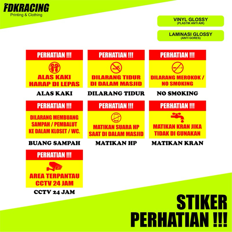 

STIKER CCTV 24 JAM | STIKER JANGAN BUANG SAMPAH | STIKER LEPAS ALAS KAKI | STIKER DILARANG TIDUR DALAM MASJID | STIKER MATIKAN HP SAAT DI DALAM MASJID | STIKER MATIKAN KRAN AIR | STIKER DILARANG MEROKOK