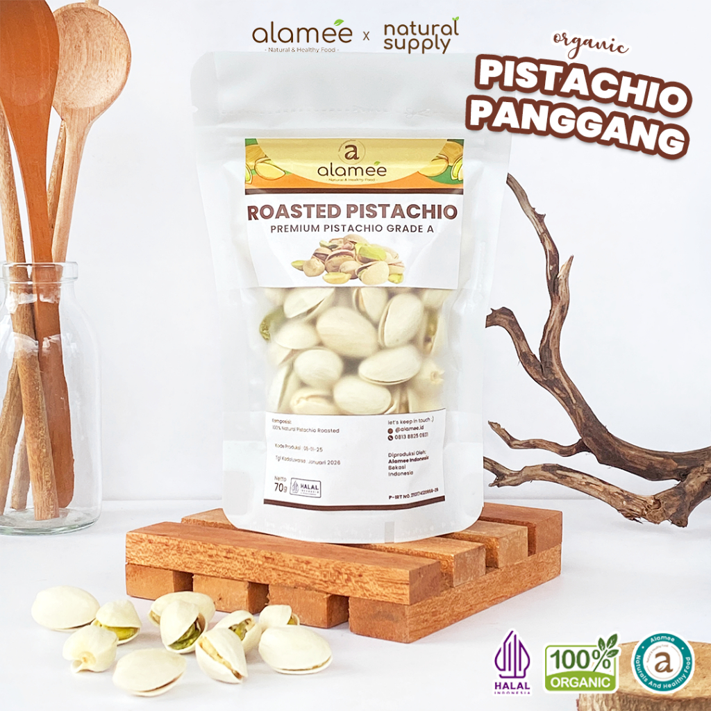 

ALAMEE Kacang Pistachio Pistacio Panggang Fustuk Roasted Premium Organic Dalam Cangkang Renyah