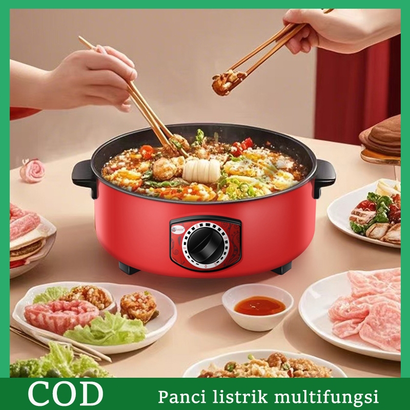 Wajan Enamel Multifungsi Teflon Besar 14 Inch Fry Pan Elektrik Anti Lengket 5L Panci Listrik Serbagu