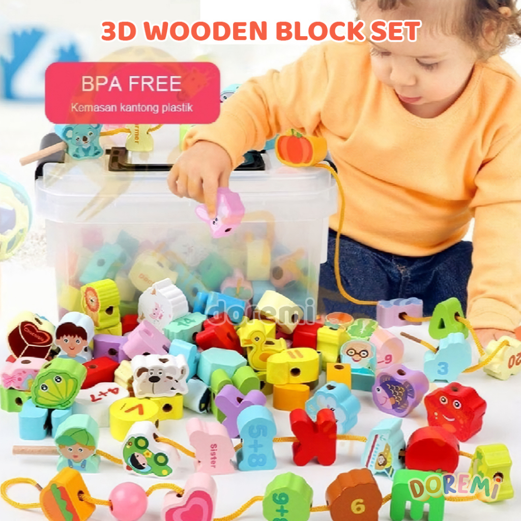 DOREMI 3D Blok Kayu Wooden Block Set Puzzle Angka Huruf Buah Edukasi Free Tali Mainan Anak