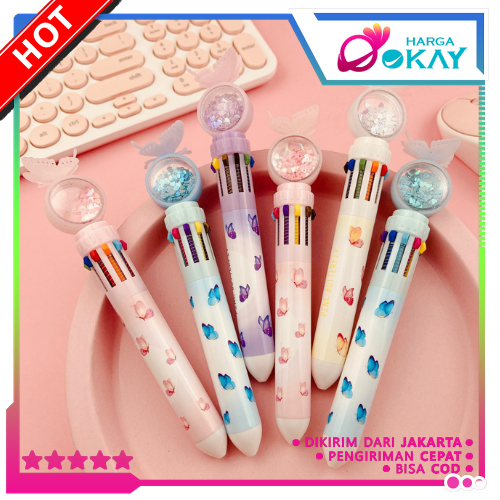 

HO Pulpen Gliter Motif Kupu-Kupu Pulpen 10 Warna Aesthetic Pena Ballpoint Karakter Lucu