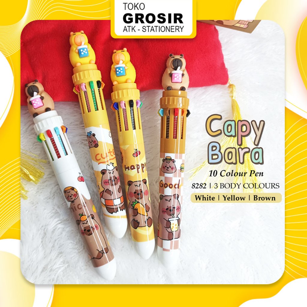 

Capy Bara Color 10 Pen 8282 / Bolpoin 10 Warna Capybara Lucu Yellow Brown White / Karakter Kapibara Imut