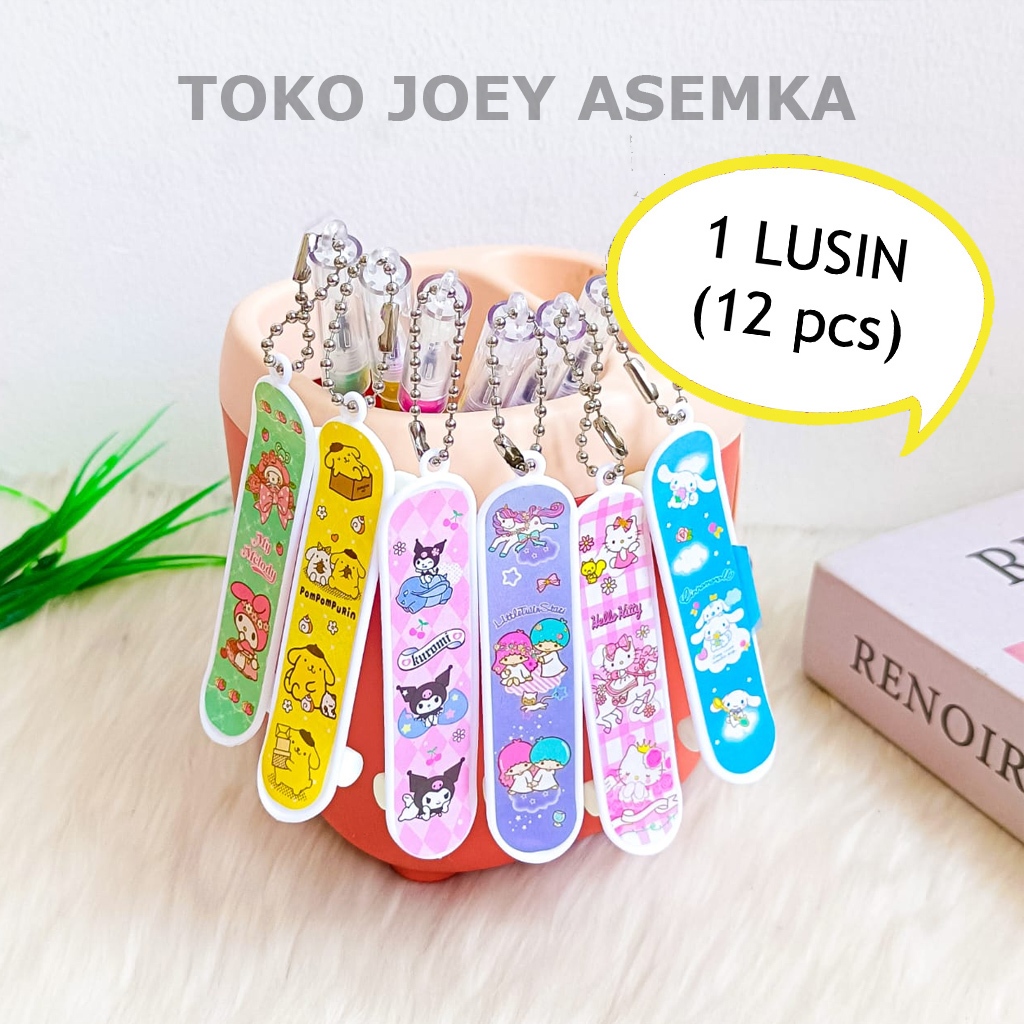 

(12 PCS) PEN SKATEBOARD SANRIO CINAMOROLL PURIN MELODY KUROMI GEL TINA PENA BOLPEN ALAT TULIS SANRIO