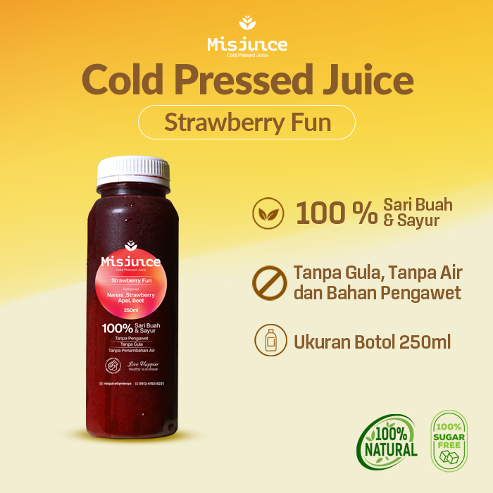 

Strawberry Fun – Cold Pressed Juice 250ml | Strawberry, Nanas, Apel, Beet | Segar & Sehat untuk Jantung & Imun