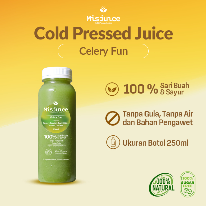 

Celery Fun – Cold Pressed Juice 250ml | Seledri, Bayam, Apel Hijau, Nanas & Lemon | Segar & Bantu Rawat Kulit dari Dalam