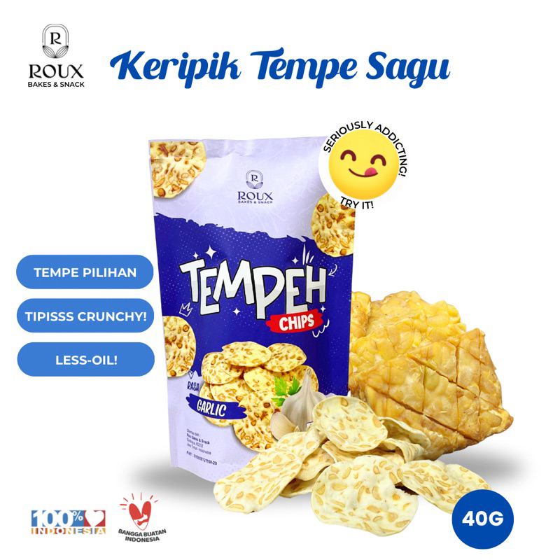 

ROUX TEMPE SAGU TEMPEH CHIPS GARLIC ORIGINAL ENAK RENYAH LESS OIL VEGAN