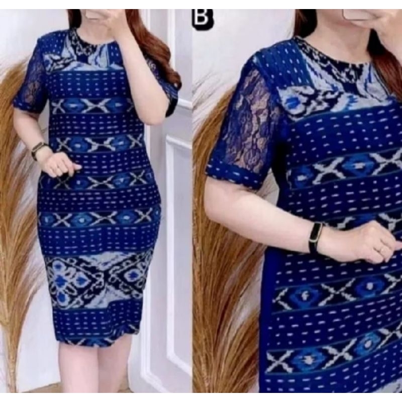 Dres tenun etnik,motif lengan brokat ,model kekinian ,tenun etnik