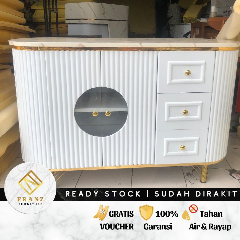 Meja TV Minimalis Modern Salur 120cm - Buffet Kaca Loker Marmer Gold Aesthetic Ruang Tamu