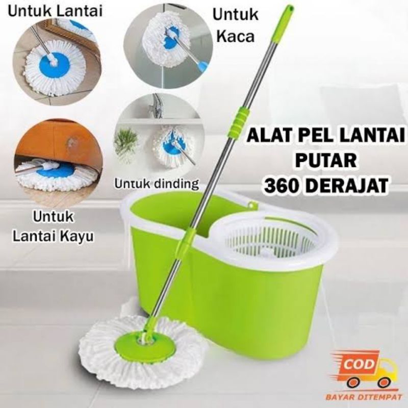 Alat Pel Spin Mop Putar Otomatis / Pel Mop Putaran Stainless Plastik/Rotary Mop Alat Pel Set Ember