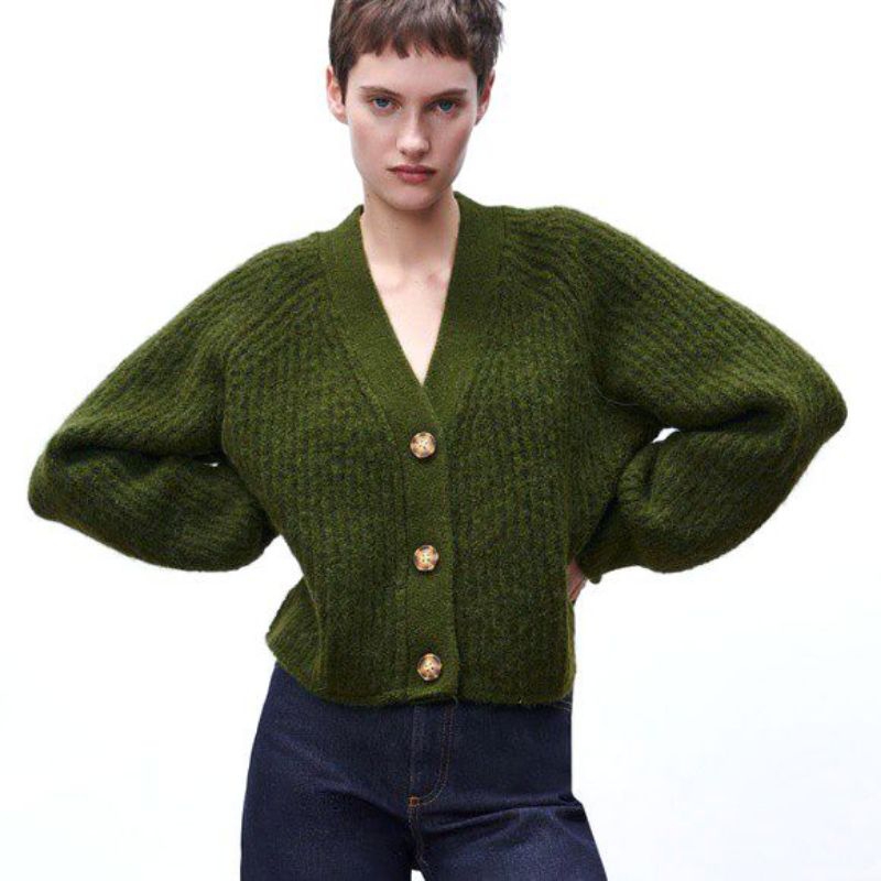 ZARA Purl Green Chunky Knit Button Front V-Neck Cardigan Fuzzy Bulu Sweater Lengan Balon Hijau Crop