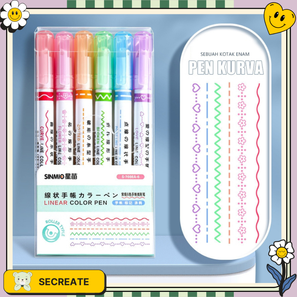 

SECreate Spidol Garis Aesthetic Warna Warni Spidol Garis Motif Lucu 1 Set 6 Pcs pulpen roller pen Higlighter Random Garis Line