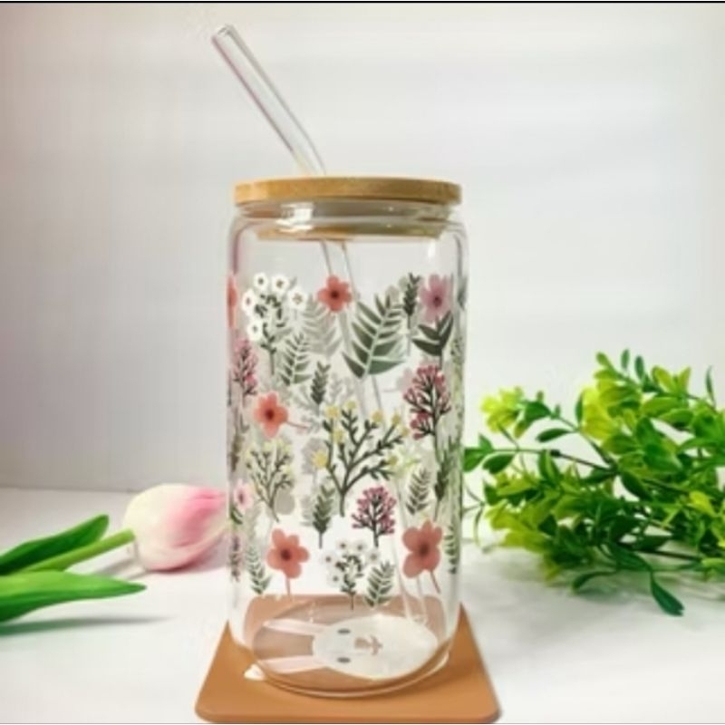 Gelas Kaca Gelas Minum Gelas Aesthetic 500ml Gelas Minum Kaca Gelas lucu unik Sedotan Kaca Tutup Kay