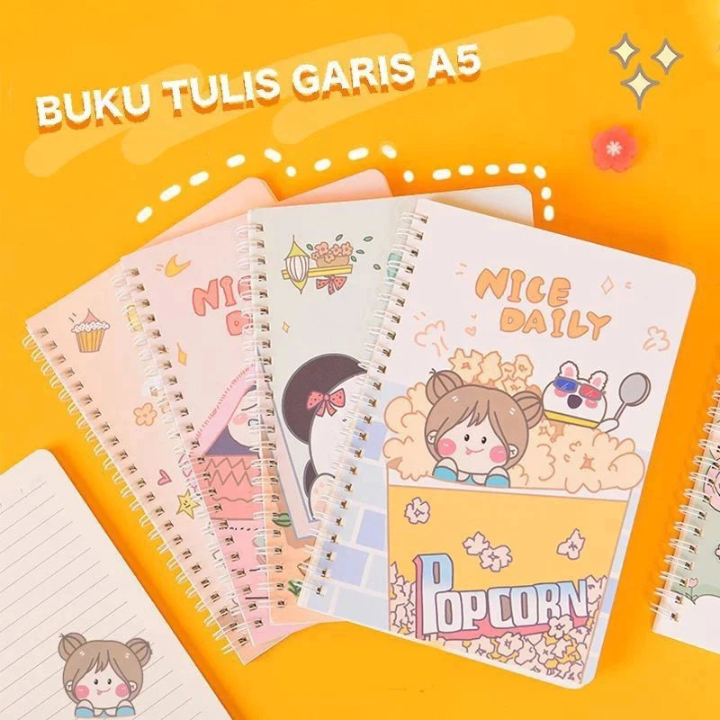 

NOTE BOOK BUKU TULIS DIARY CATATAN BERGARIS RING KAWAT SPIRAL UKURAN A5 ISI 60 LEMBAR MOTIF