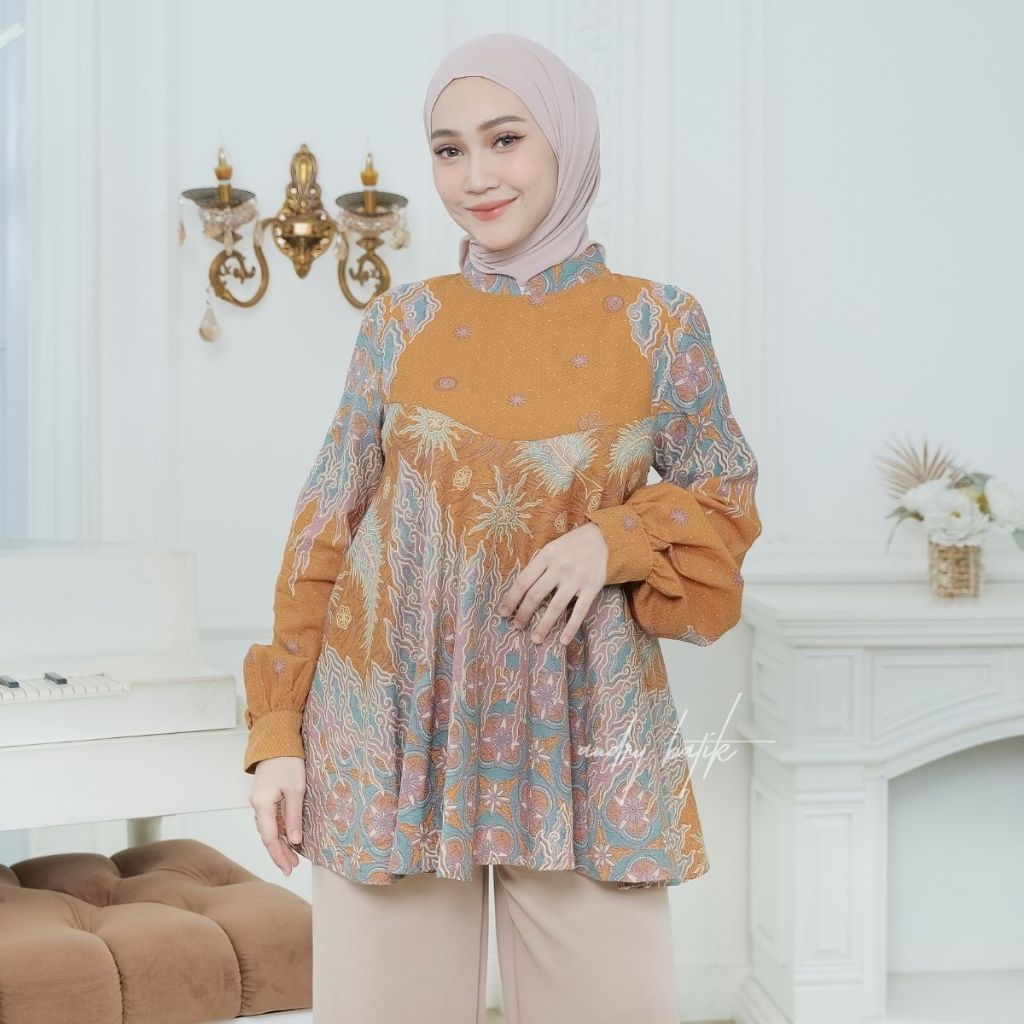 Audry Batik - Angelina - Blouse Batik Kerja Wanita Panjang Hijab Modern Motif Abstrak Mustard