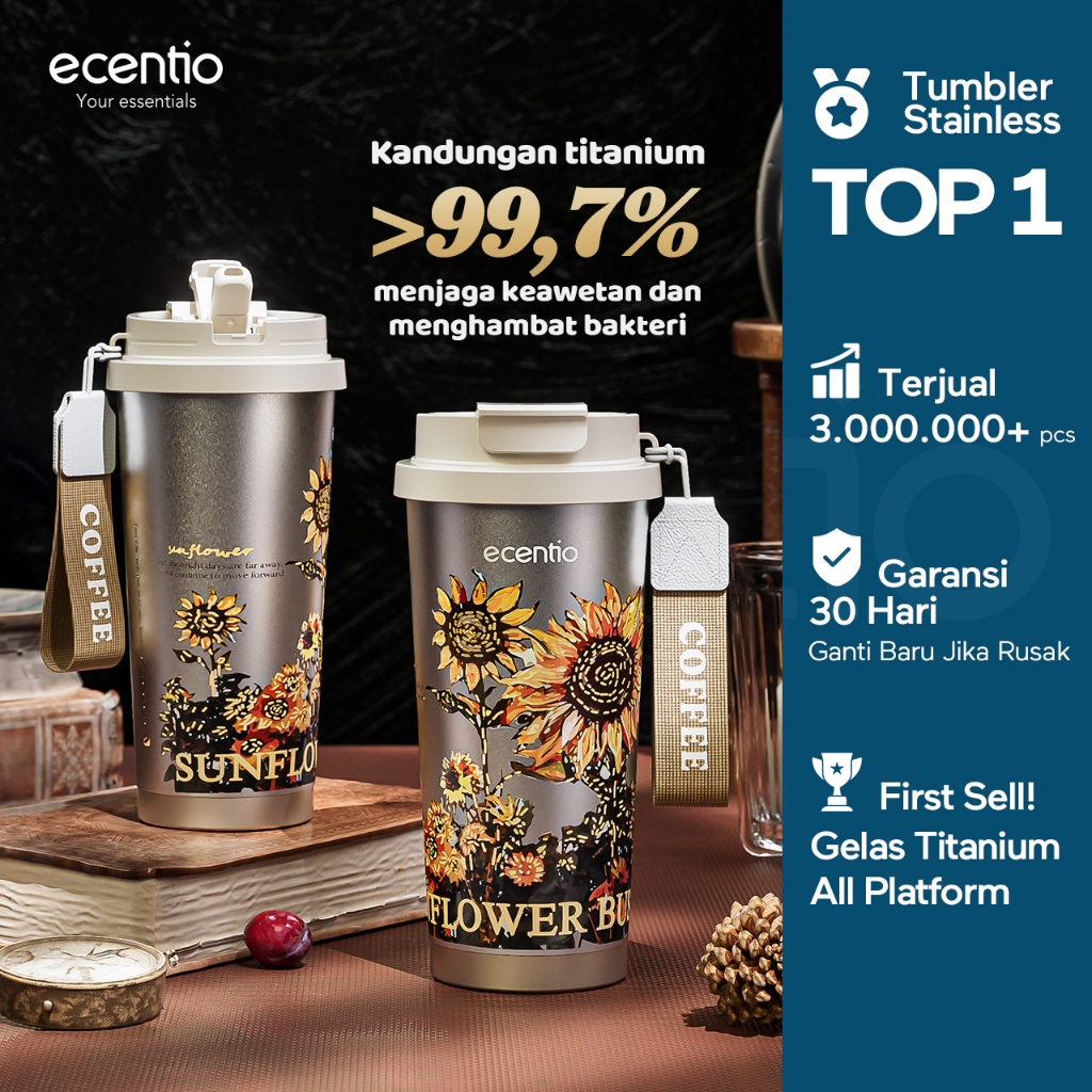 【Titanium】ecentio tumbler titanium 500ml Portable Termos Gagang Tersembunyi Botol minum besar kopi t