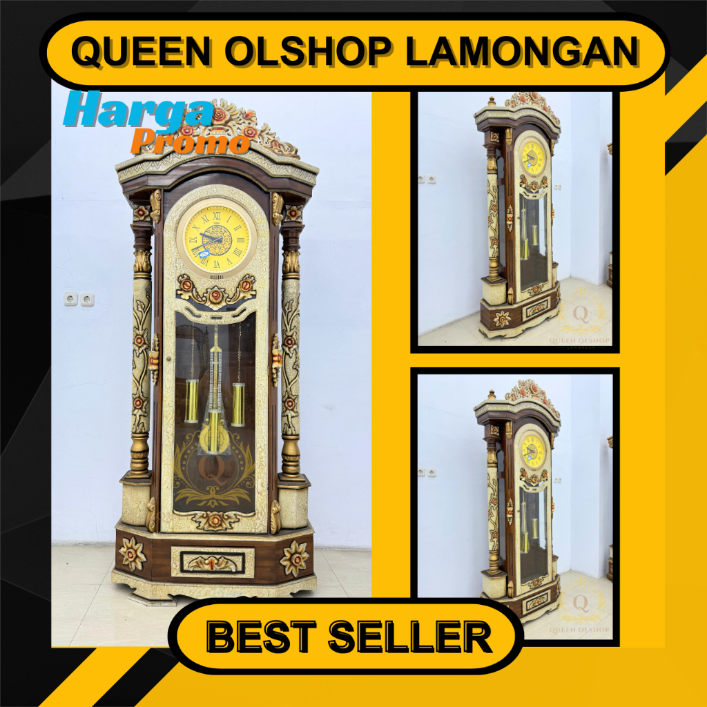 Jam Dinding Berdiri Kayu Jati Hias Mawar / Oyot Marmer / Rose