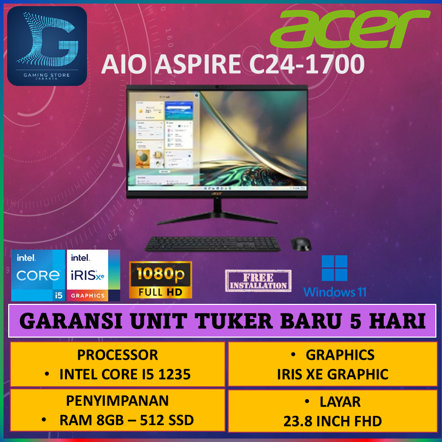 Acer AIO Aspire C24-1700 I5 1235 8GB 512GB Ssd Windows 11 + OHS 23.8Full HD
