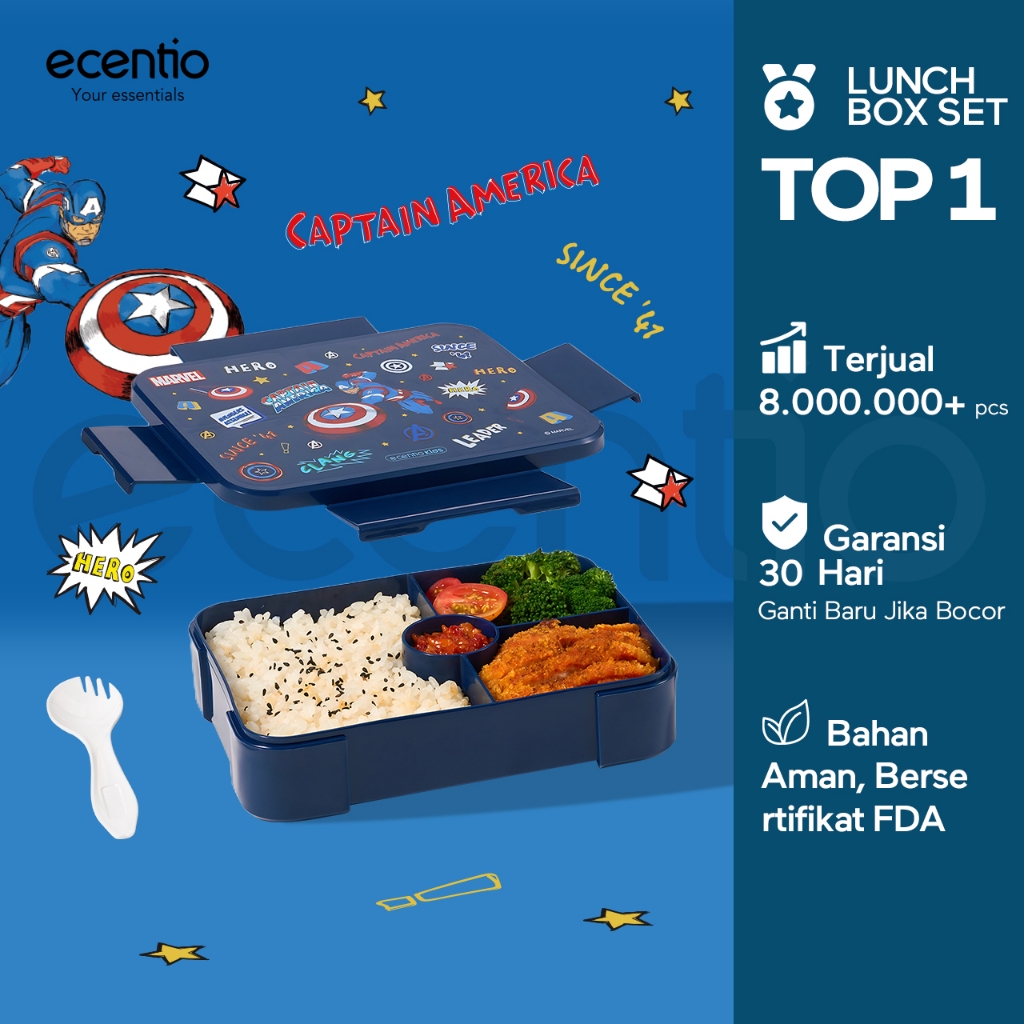 ecentio lunch box set anak anti tumpah tempat makan Marvel Captain America lucu free sendok