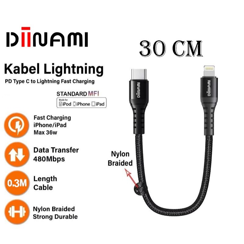 Premium DIINAMI PD-19 Kabel Powerbank Pendek Type C to iphone QC Fast Charging 30CM