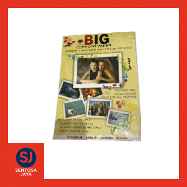 

Big Photo Paper A4 Glossy 240gr - Waterproof 5760dpi (Isi 20 Lembar) / Kertas Foto A4 Premium