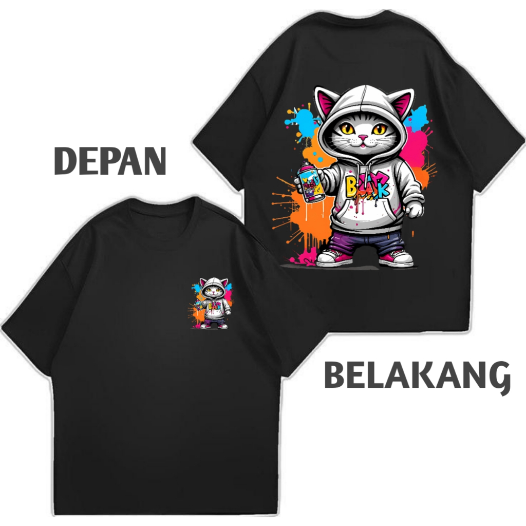 pakaian pria baju lengan pendek kaos distro kaos pria motif gambar besar depan belakang kucing 001