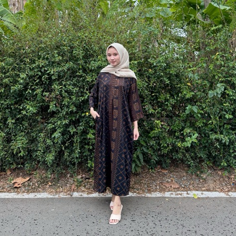 DASTER PANJANG Lengan 3/4 Rayon twill grade A adem gamis motif etnik bunga busui resleting depan Dre