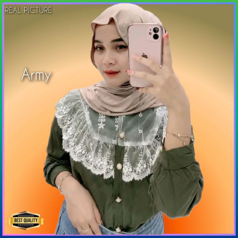 Blouse Korea Wanita Baju Atasan LD 105 Jumbo LD 115 Kemeja Blus Tunik Army
