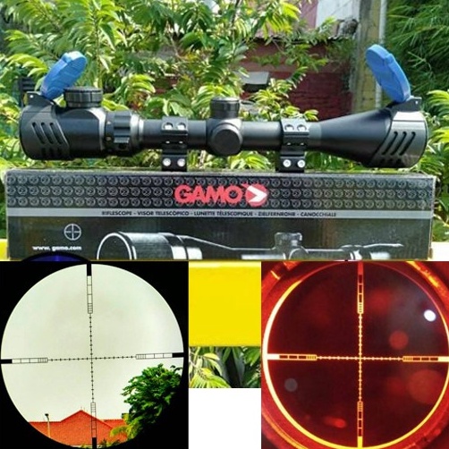 KODE S67E Teleskop Senapan Angin Gamo Reticle HK 39x4 RGB Tutup Flip Biru Termura
