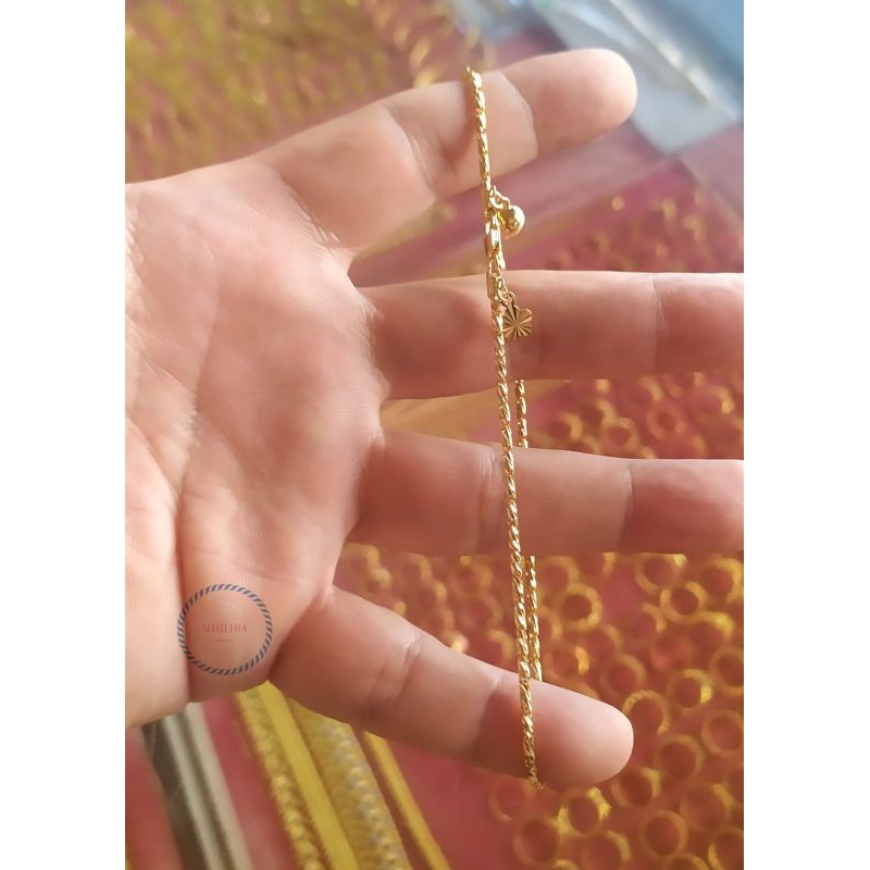 Gelang kaki balok mini variasi bola & daun emas kadar 375