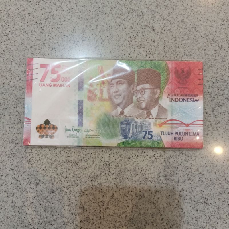 Uang kertas mainan kasir 75ribu rupiah versi baru