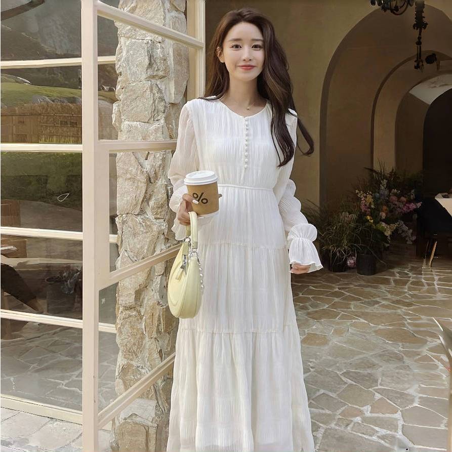 Dress Wanita Korean Style Sifon Putih Panjang Casual Simple M505